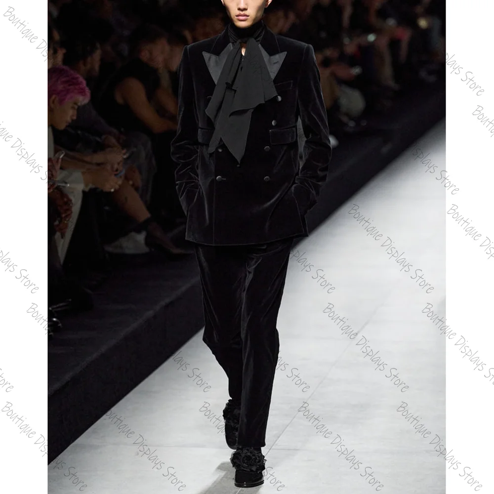 

Luxury Black Velvet Double Breasted Straight Men Suit Two Pieces(Jacket+Pants) Lapel Outfits Chic Casual Party Prom Wedding Set