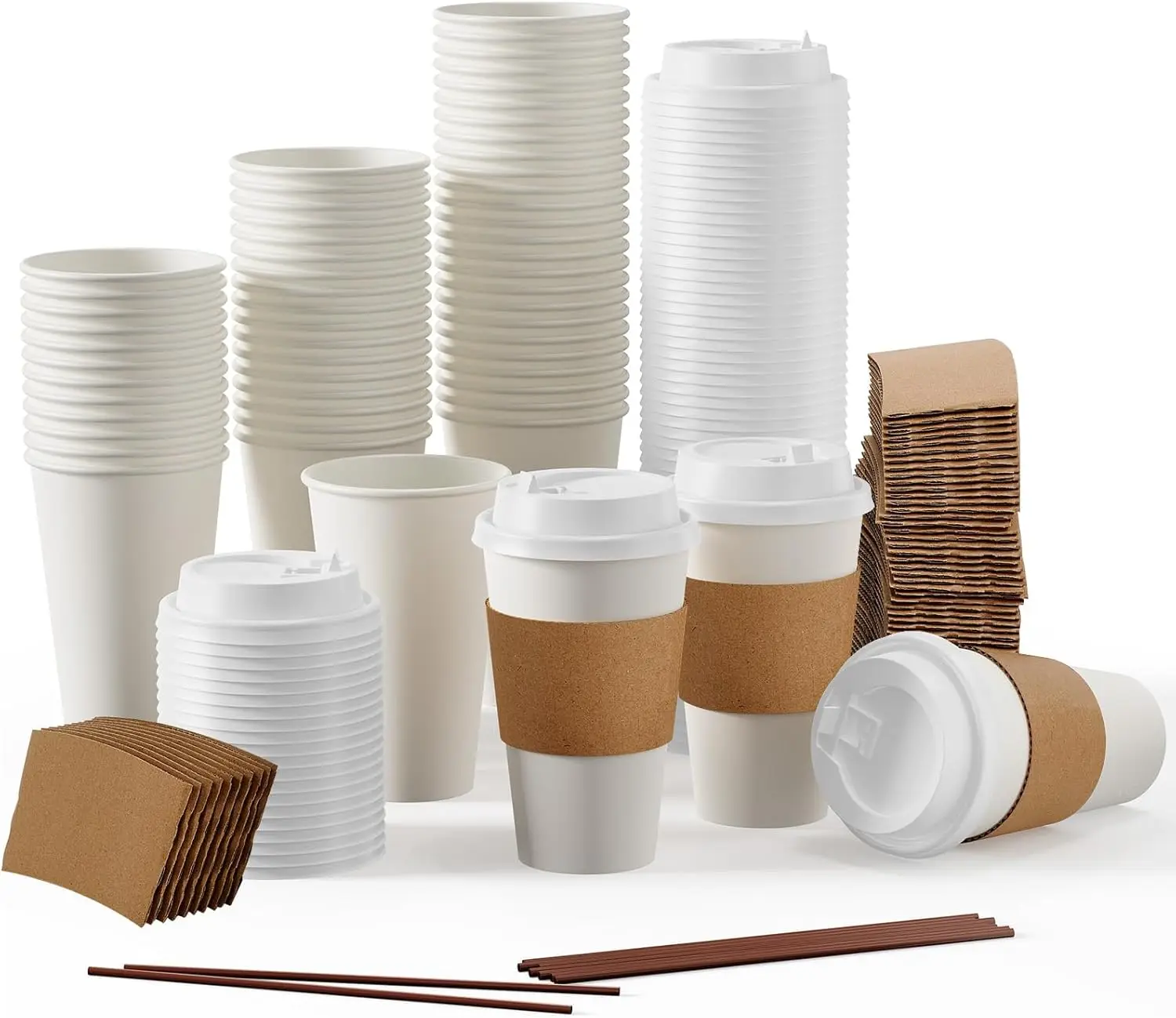 Paquete de 100 Vasos de Papel Desechables para Café con Tapas, Fundas y Agitadores - Bebidas Calientes/Frías para el Hogar, Tiendas, Cafeterías