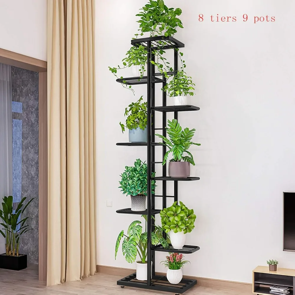 屋内背の高い金属製プラントスタンド - マルチティア 8 ティア 9 鉢植えマルチティアアイアンナローフラワースタンドラックシェルフ コーナーパティオ用