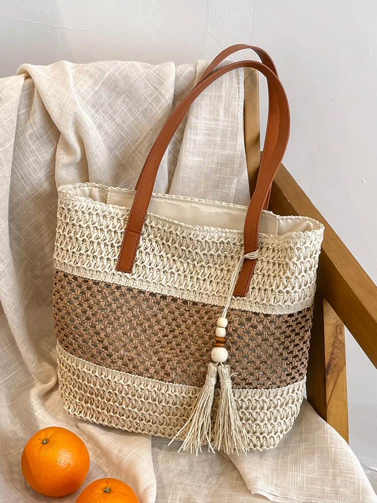

Large Capaci n Sle Women's St Woven Tote Bag Beach Summer Vaion Commuting Bag Soft Handbag Pure Color