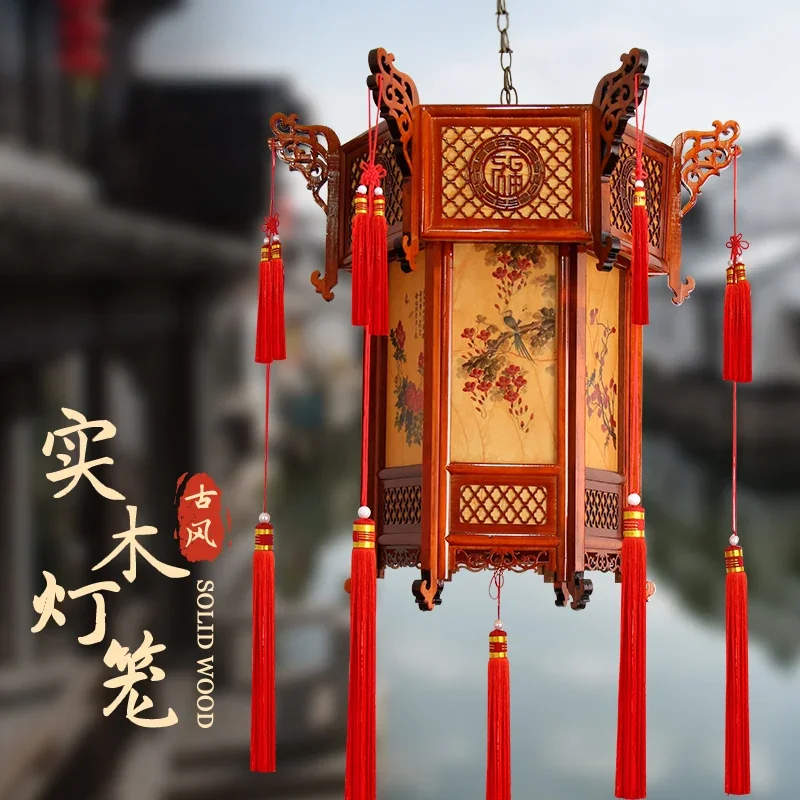 Chinese style red lantern chandelier hexagonal palace lamp sheepskin antique balcony Chinese outdoor solid wood New Year's lante