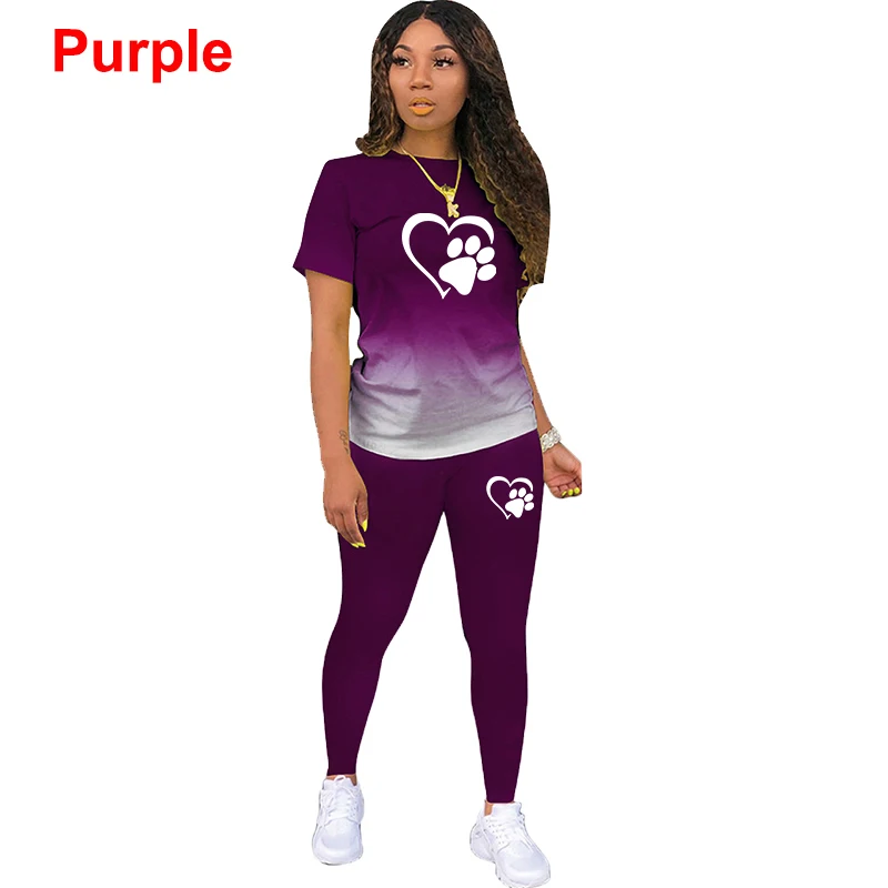 Trend Heart shaped Cat Paw Printed Women's Gradient Short sleeved Pants Casual Sports Two Piece Set 8 Colors