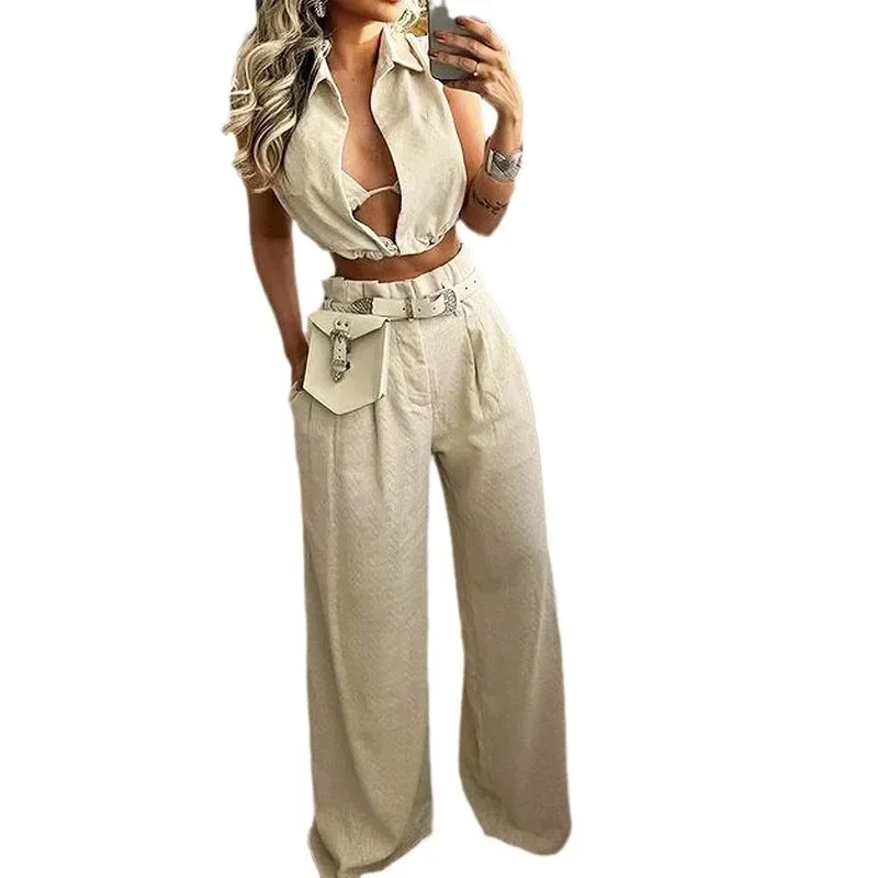 Casual 2ps Spring Summer Women Pants Set Solid Turn Down Collar Sexy Sleeveless Top and Wide Leg Pants Suit with Vest Long Pants