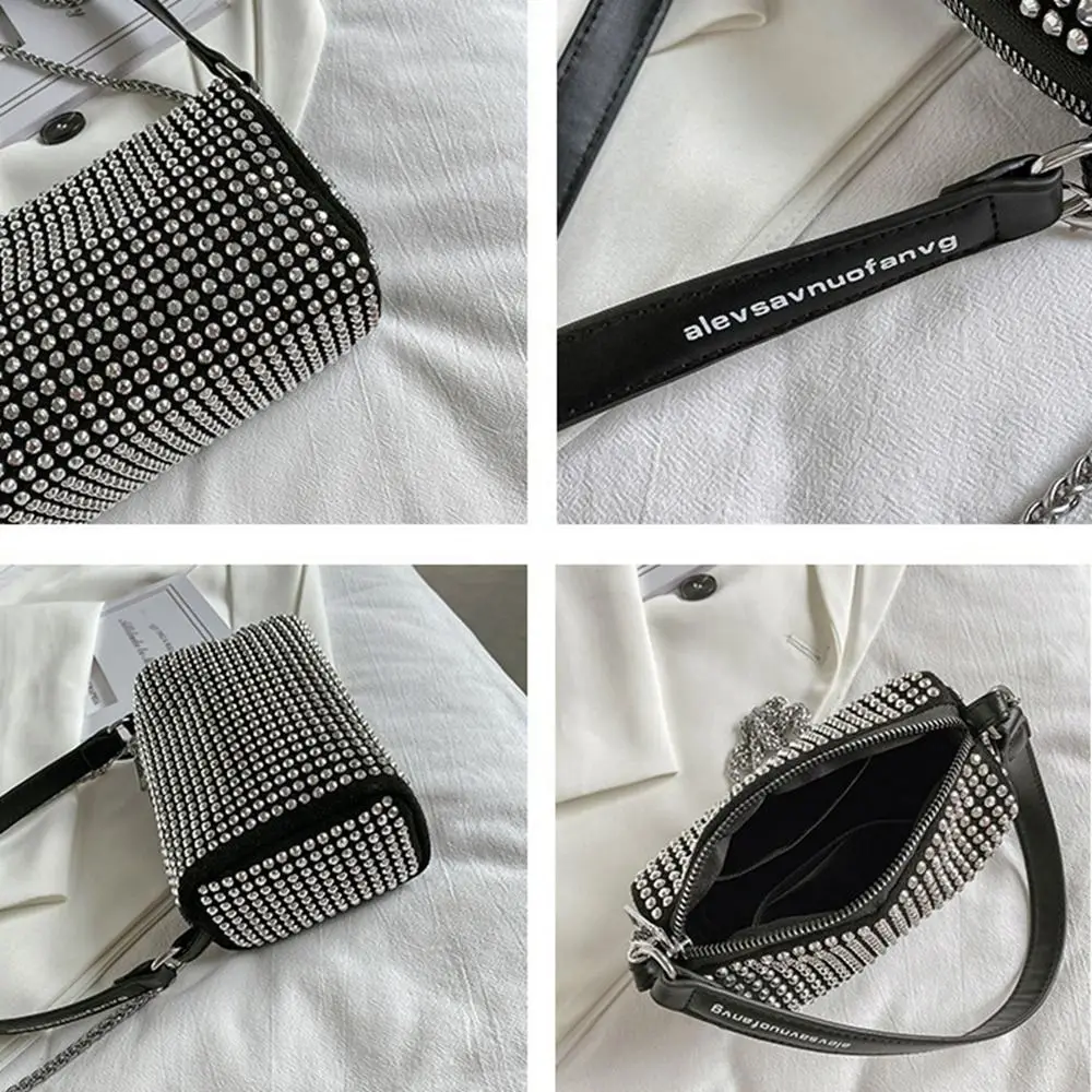 Casual Large Capacity Rhinestone Handbag Blingbling Shiny Small Square Bag Pillow Bag Zipper Crossbody Bag Ladies