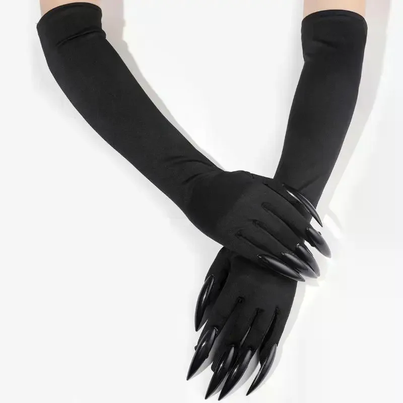 Mitaines élastiques à ongles longs pour femmes, 43cm, griffe effrayante, Halloween, gants à griffes fantôme du diable noir, Costume de spectacle de Cosplay de fête