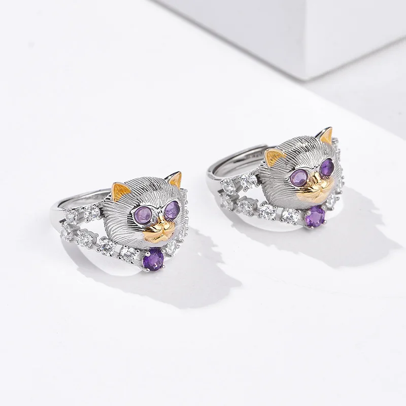 BOCAI New S925 Sterling Silver Jewelry Fashionable and Fun Cute Cartoon Cat Engagement Ring Women's Selected Gift