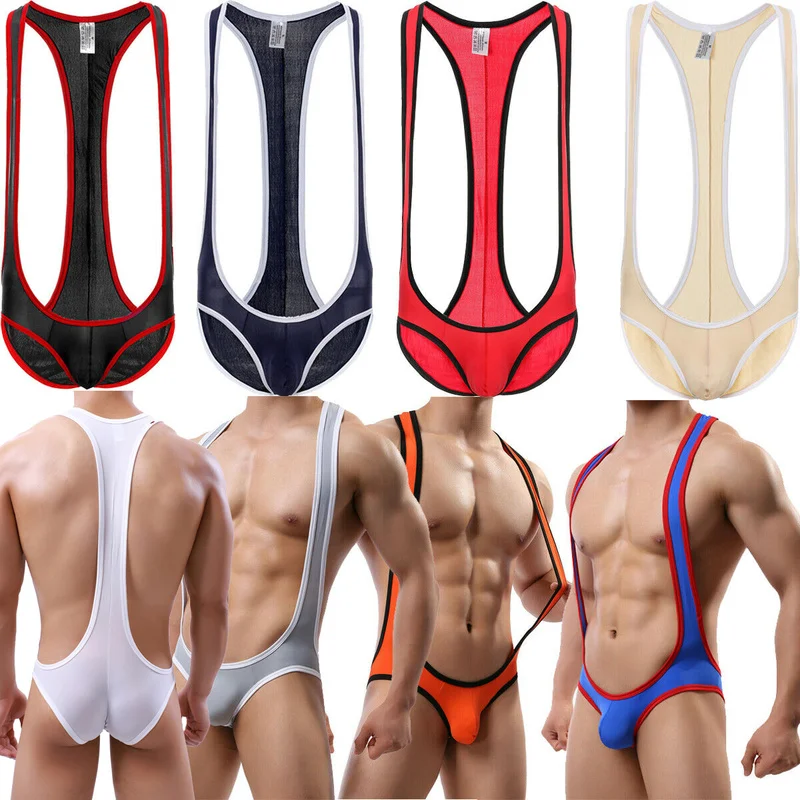 Sexy masculino bodysuit gelo seda undershirts elástico macacão collant wrestling singlet pênis bolsa briefs gay jockstrap cueca