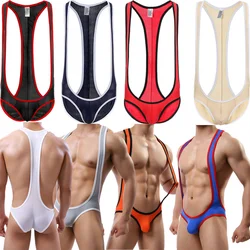 Sexy Mens Bodysuit Ice Silk Undershirts Elastic Jumpsuit Leotard Wrestling Singlet Penis Pouch Briefs Gay Jockstrap Underwear