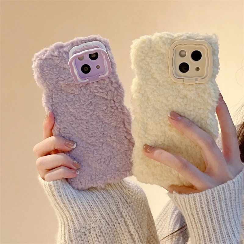 Luxury Purple pink yellow Wool Fluffy Fur phone case protection for iPhone 16 15 13 12 11 14 Pro Max 15 Plus Lovely Plush Coque