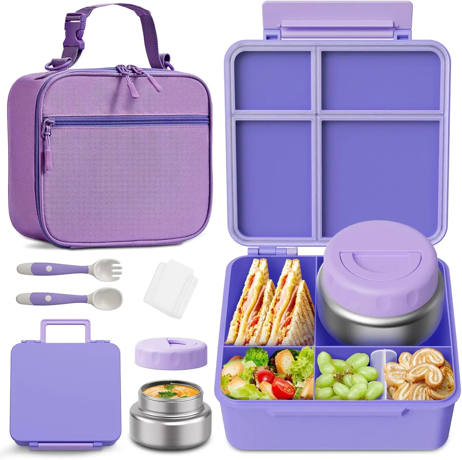 

Bento Box for Kids with Thermo Food Container (9oz), 4-Compartment Lunch Box, Adjustable Divider, Leakproof Bento Lunch