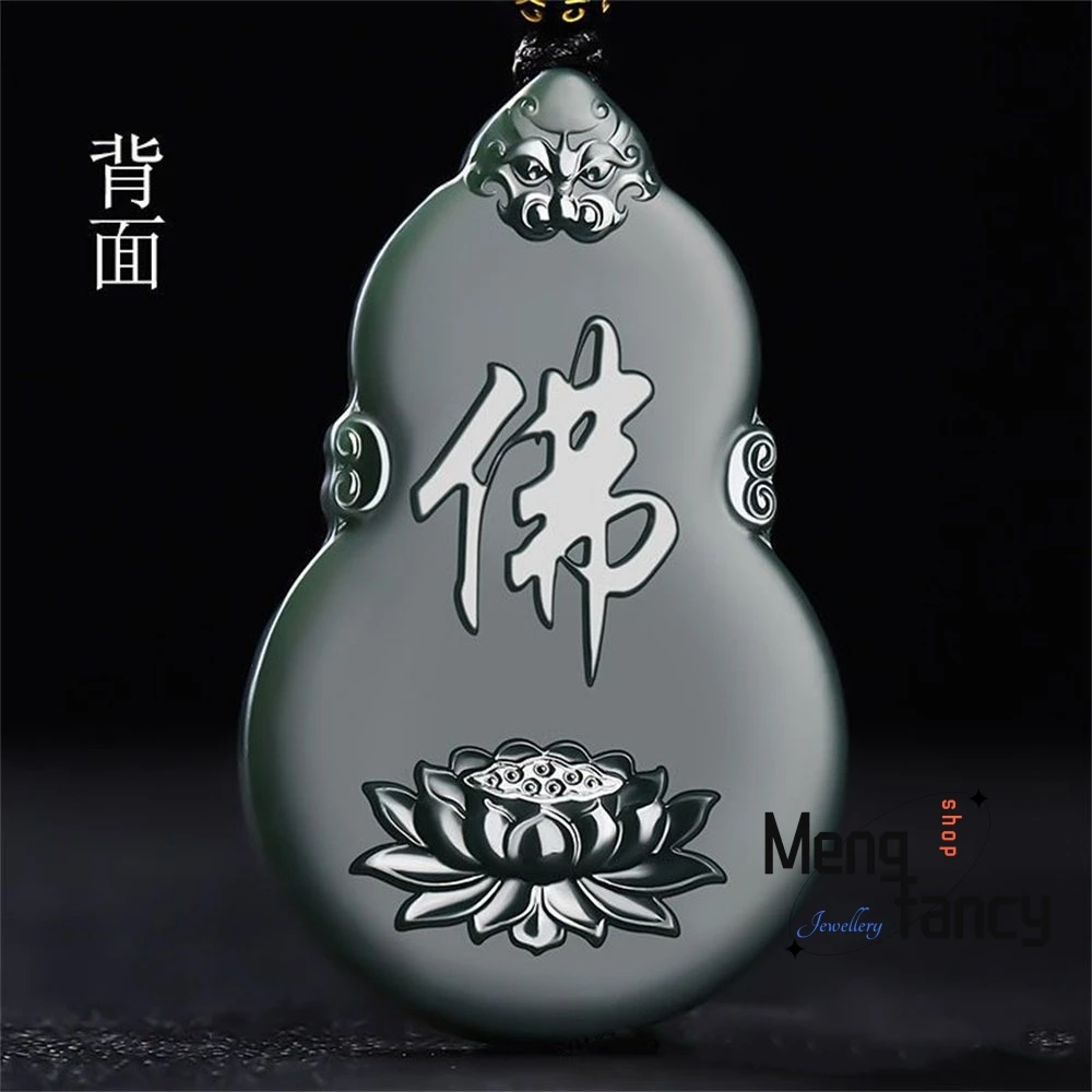 Natural Hetian Green Jade Fine Material Gourd Guanyin Buddha Guardian Pendant Double-sided Engraving High-grade Fashion Jewelry