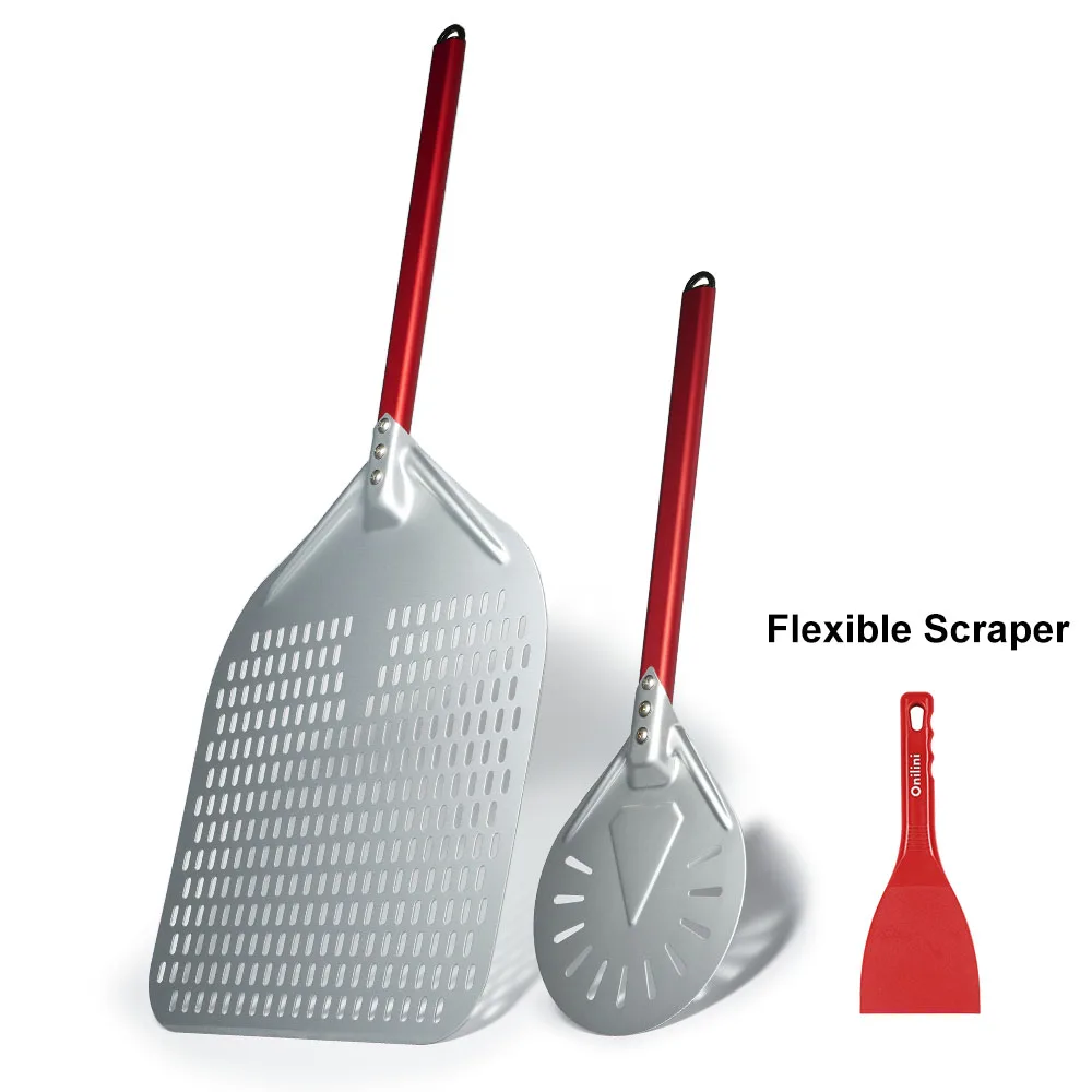Onilini-14/13/12-inch-Pizza-Peel-with-Flexible-Scraper-Red-Handle-Pizza-Shovel-Aluminum-Alloy-Red-Spatulas-Oven-Accessories