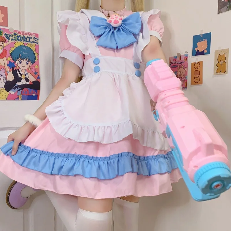 Vestido vitoriano rosa kawaii para meninas da escola, trajes cosplay, roupas anime, roupas lolita góticas japonesas, plus size