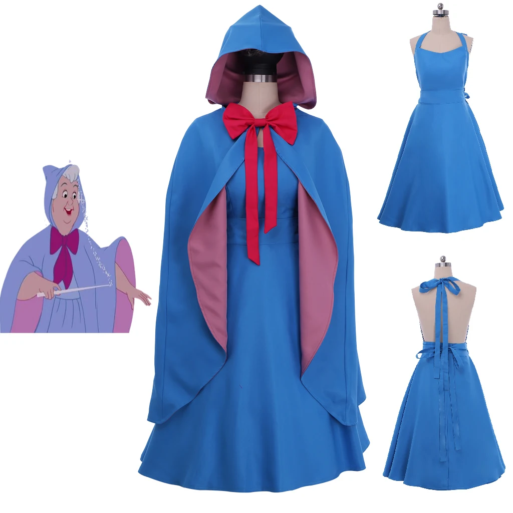 Anime The Fairy Cosplay Godmother Costume Women Girls Blue Halter Neck Backless Dress with Hooded Cloak Halloween Party Gown