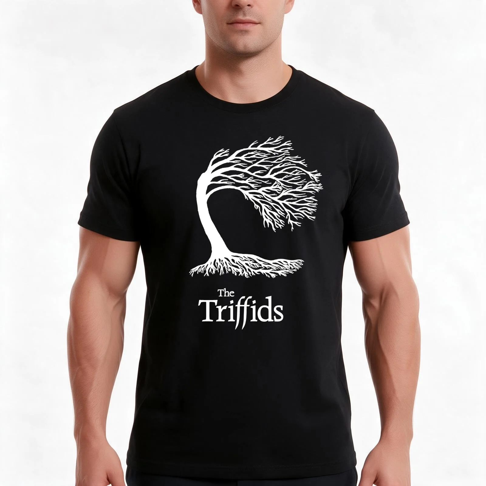 Triffids tree and logo in white - tree by Martyn P Casey T-Shirt Summer Casual Cotton Tee Oversized Streetwear Tops