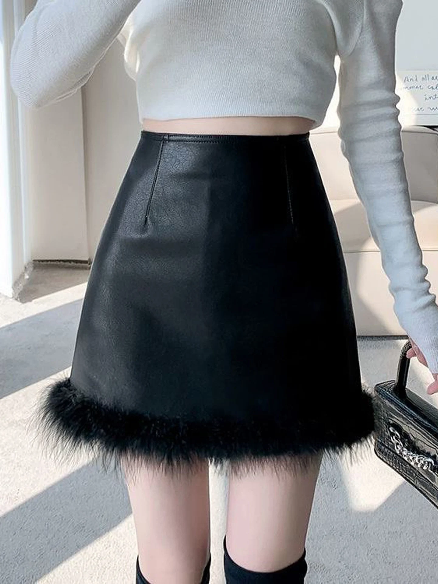 Korean Style PU Leather Skirt High Waist A-Line  Skirt Women's Fashion Slimming Design Spring Autumn Seasonal Skirts