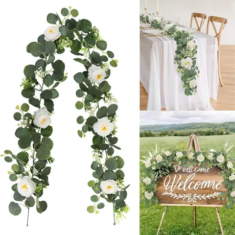 1PC 유칼립투스 화환 꽃 매달려 인공 유칼립투스 잎 Gypsophila 녹지 덩굴 결혼식 배경 아치