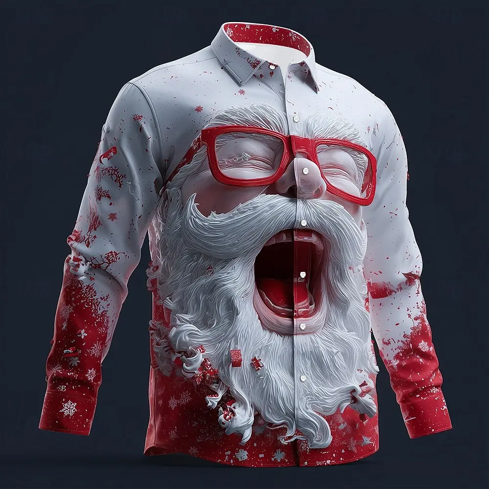 Christmas Men's 3D Graphic Long Sleeve,Street Style Fashion,Santa Claus Cartoon Smile Face Prints Design,2025 Fall Casual Shirts
