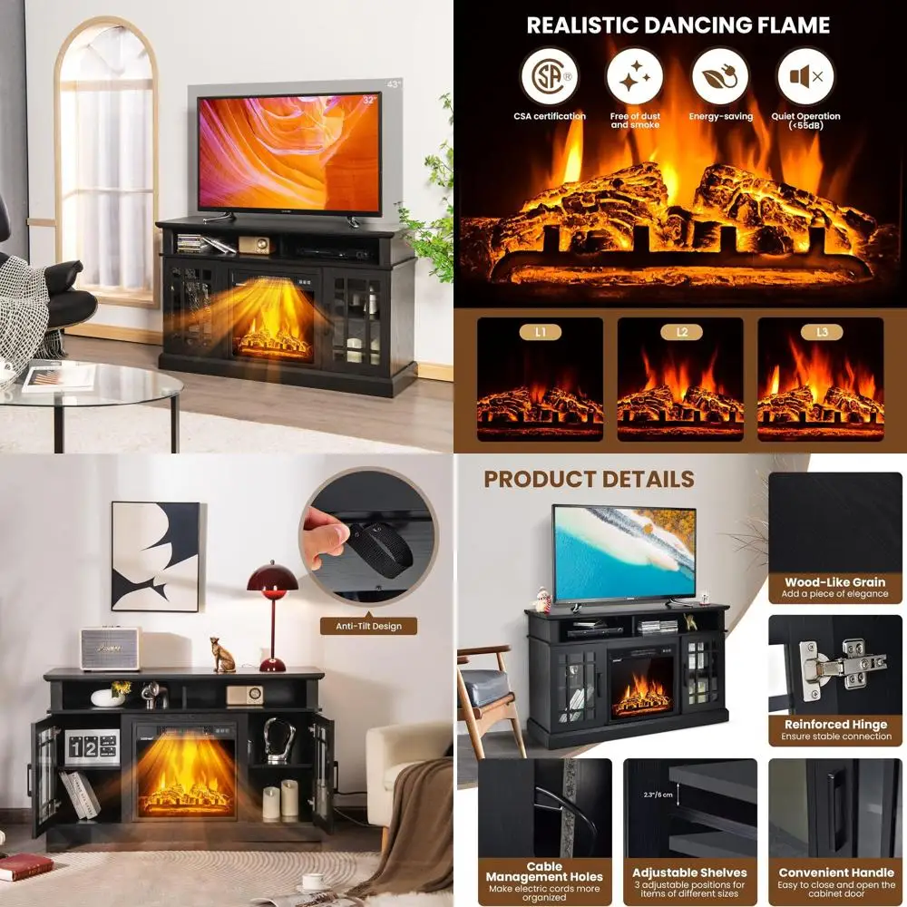 

Черная деревянная подставка для телевизора 55 дюймов с обогревателем, пультом ДУ, местом для хранения и защитой от перегрева