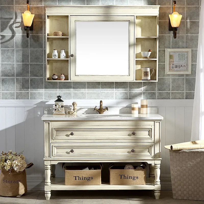 newAmerican bathroom cabinet combination solid wood floor-to-ceiling face wash basin toilet wash table rock slab bathroom cabine