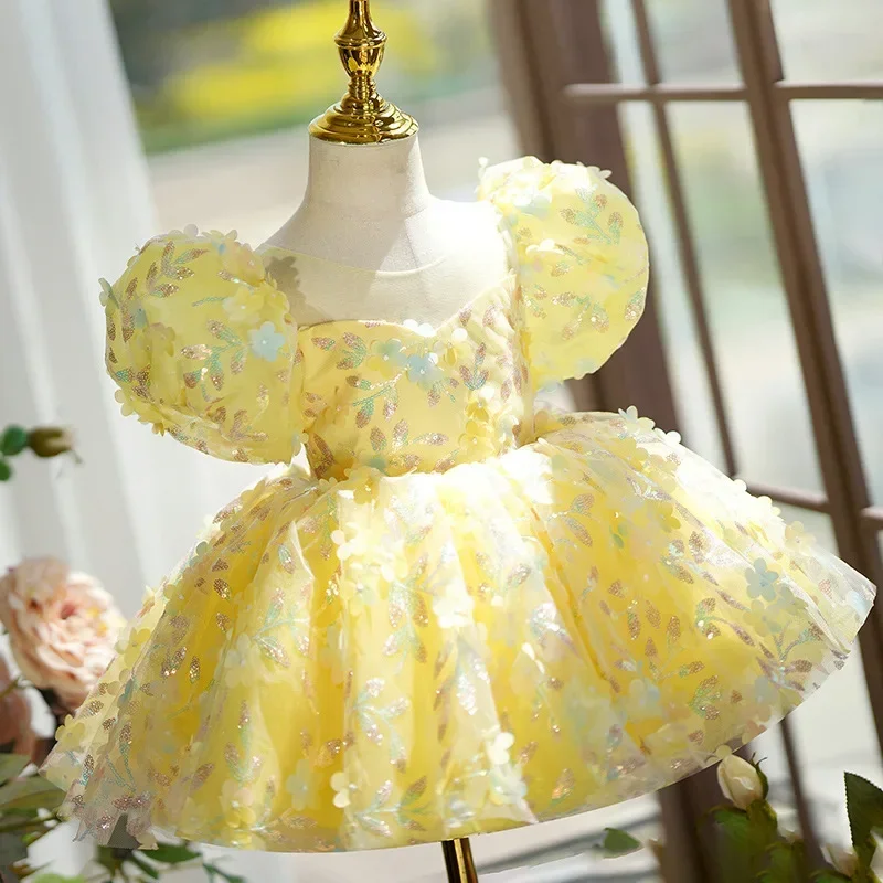 1-10-year baby's first birthday party fluffy mesh Tutu dresses Big bow Flower Girl Sequin luxury wedding party dinner dress