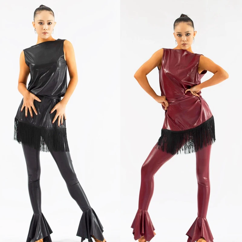 

Women'S Ballroom Dance Competition Clothes Sleeveless Fringed Top Flared Pants Adults Latin Dance Performance Costume SL9762