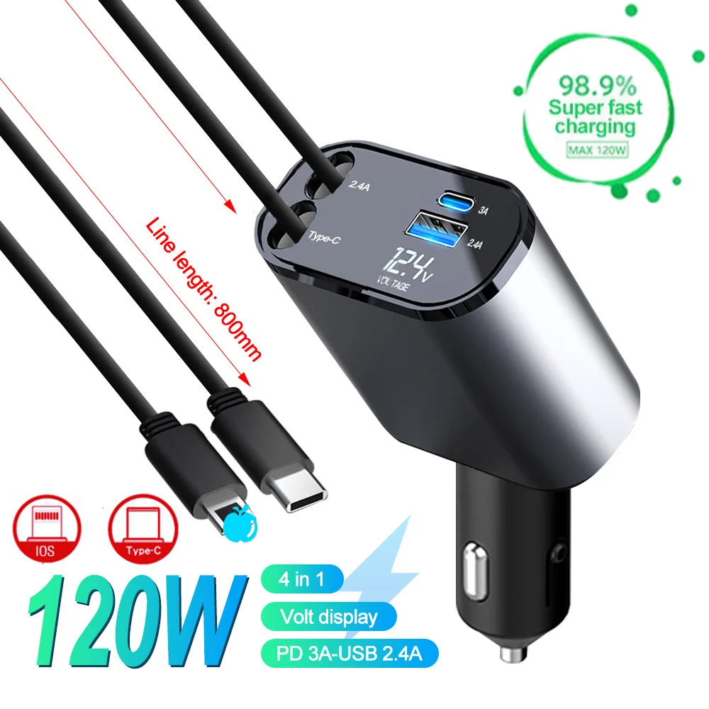 120W 4 In 1 Intrekbare Autolader Usb C Kabel Voor Iphone Huawei Samsung Snel Opladen Snoer Sigarettenaansteker Adapter Pd Qc3.0