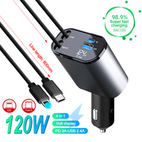 120W 4 IN 1 Retractable Car Charger USB C Cable For IPhone Huawei Samsung Fast Charge Cord Cigarette Lighter Adapter PD QC3.0