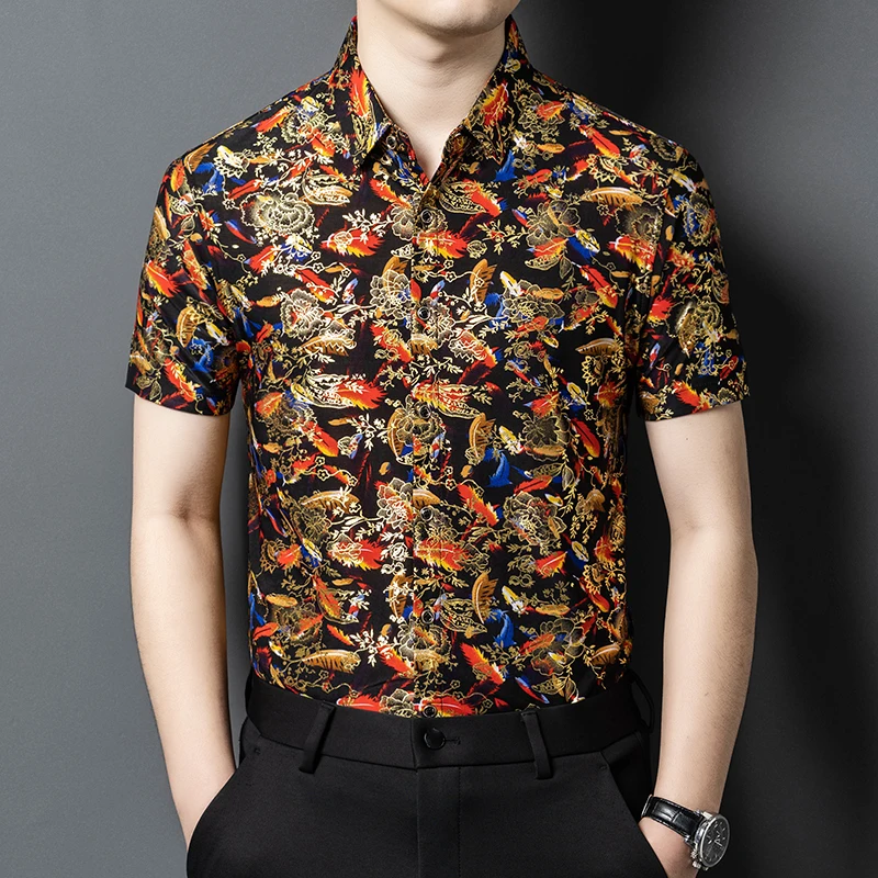 Brozing Print Coolness Shirts For Men Short Sleeve National Style Summer Quality Smooth Comfortable Streetwear Camisas De Hombre