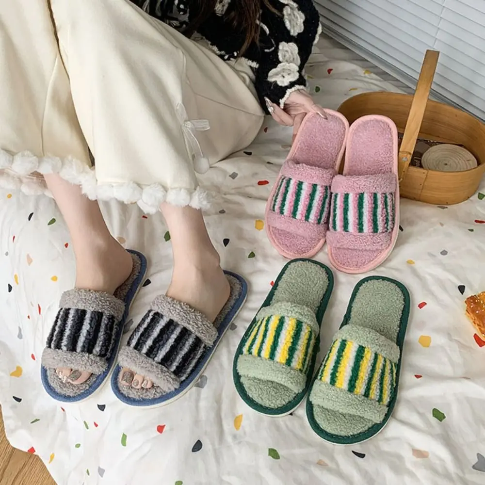 

Lovely Stripe Plush Warm Slippers Patchwork Thick Sole Winter Indoor Slippers Non-Slip Homewear Shoes Soft Home Slippers Indoor