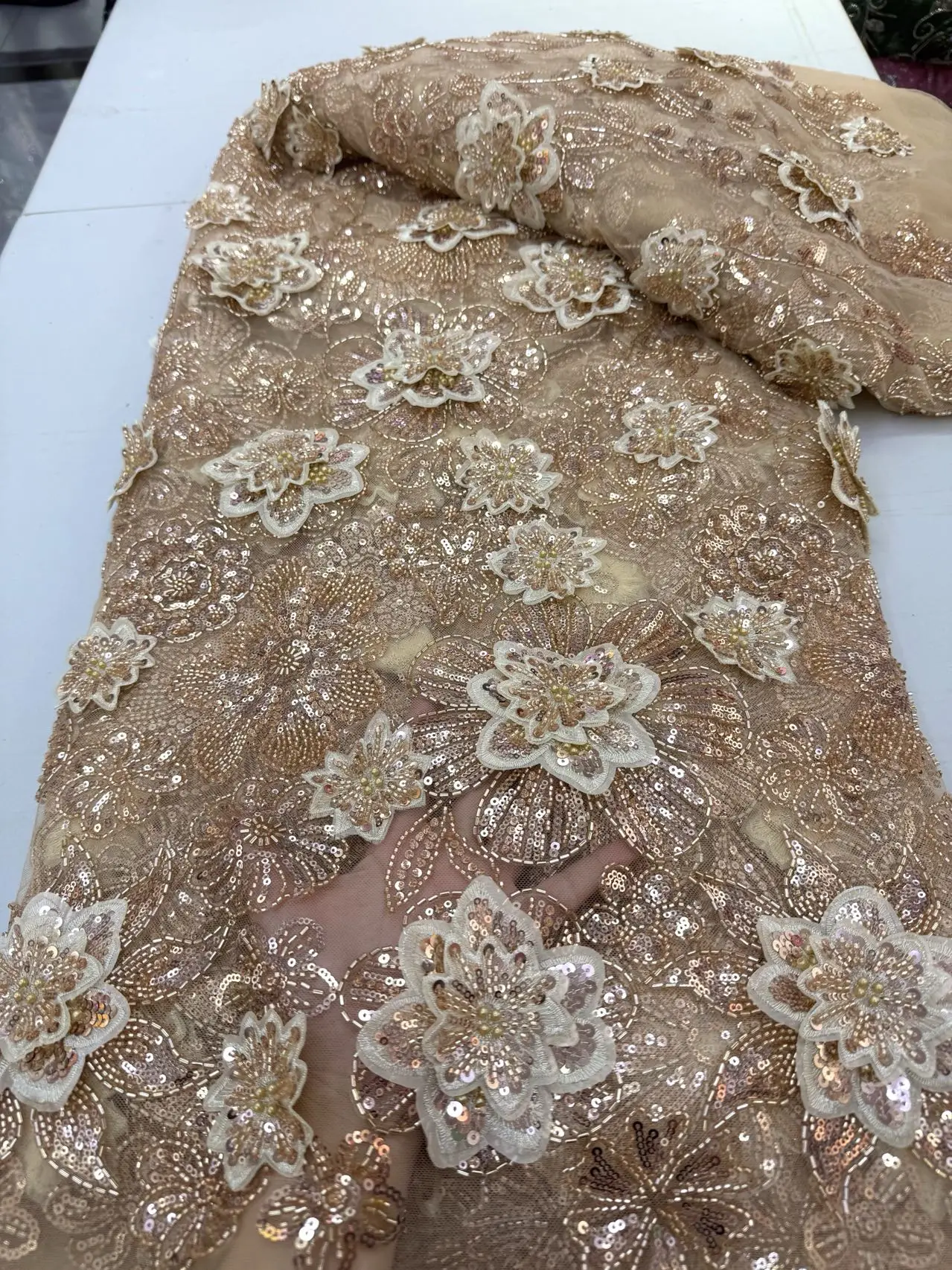 

2025 Nigerian Sequins Tulle Lace Fabric High-Quality Embroidery African Net Cloth for Prom Dresses Beads 5 Yards JY493