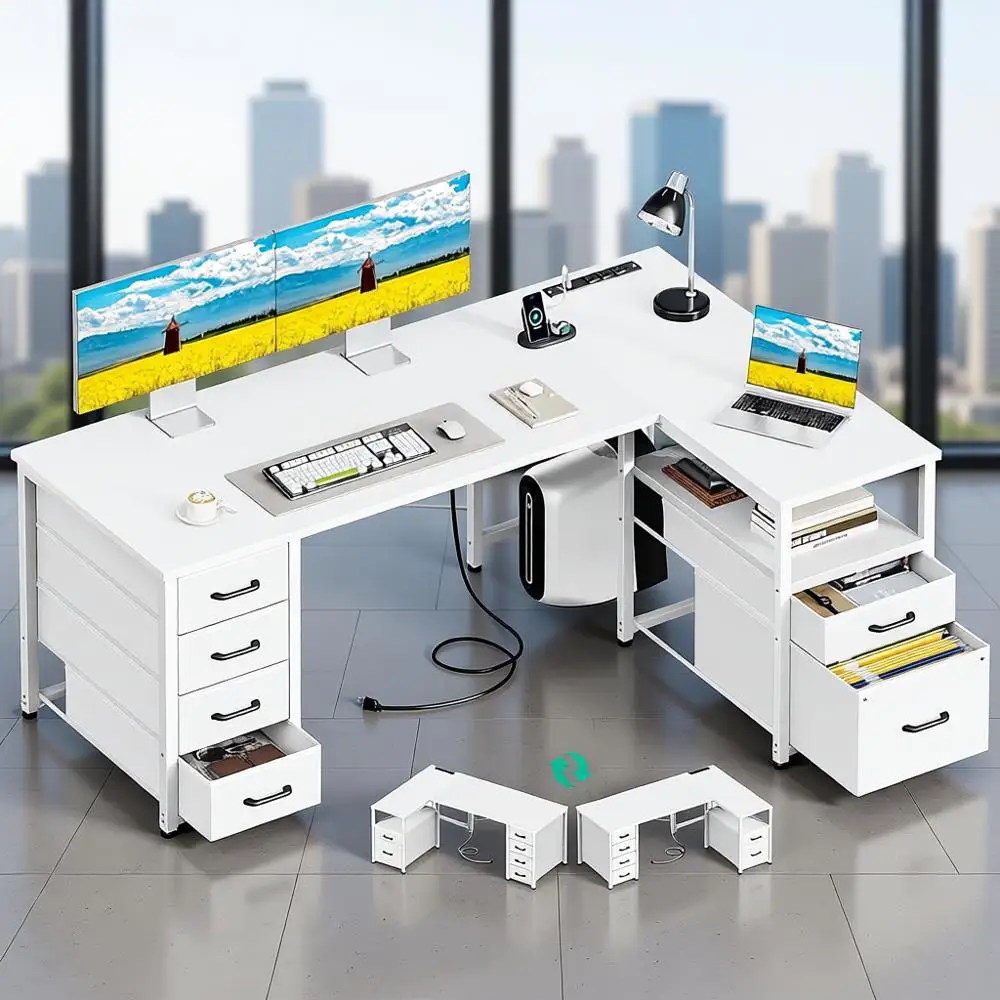 مكتب مكتب منزلي أبيض 55 على شكل حرف L مع 6 أدراج ورف قابل للعكس ومخرج طاقة