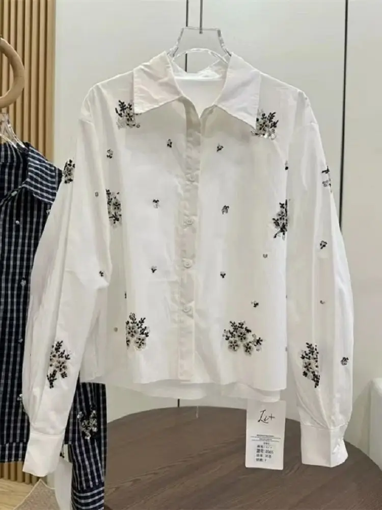 

Хлопковые рубашки с вышивкой блестками, блузки, женские свободные повседневные элегантные топы с длинными рукавами, женская одежда, популярная корейская одежда