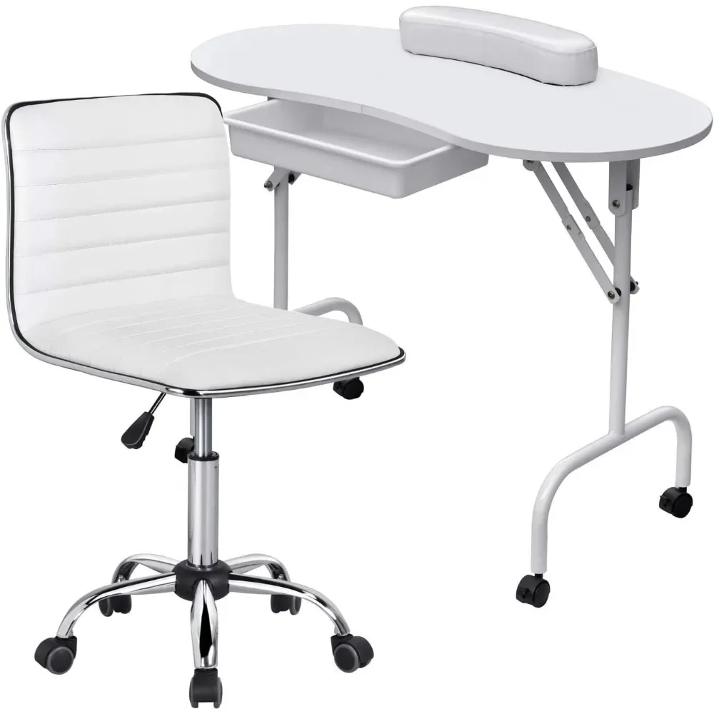 

37-inch Foldable Manicure Table Nail Desk Workstation w/Carrying Case/Wheels for Spa Beauty Salon and Adjustable Low Back
