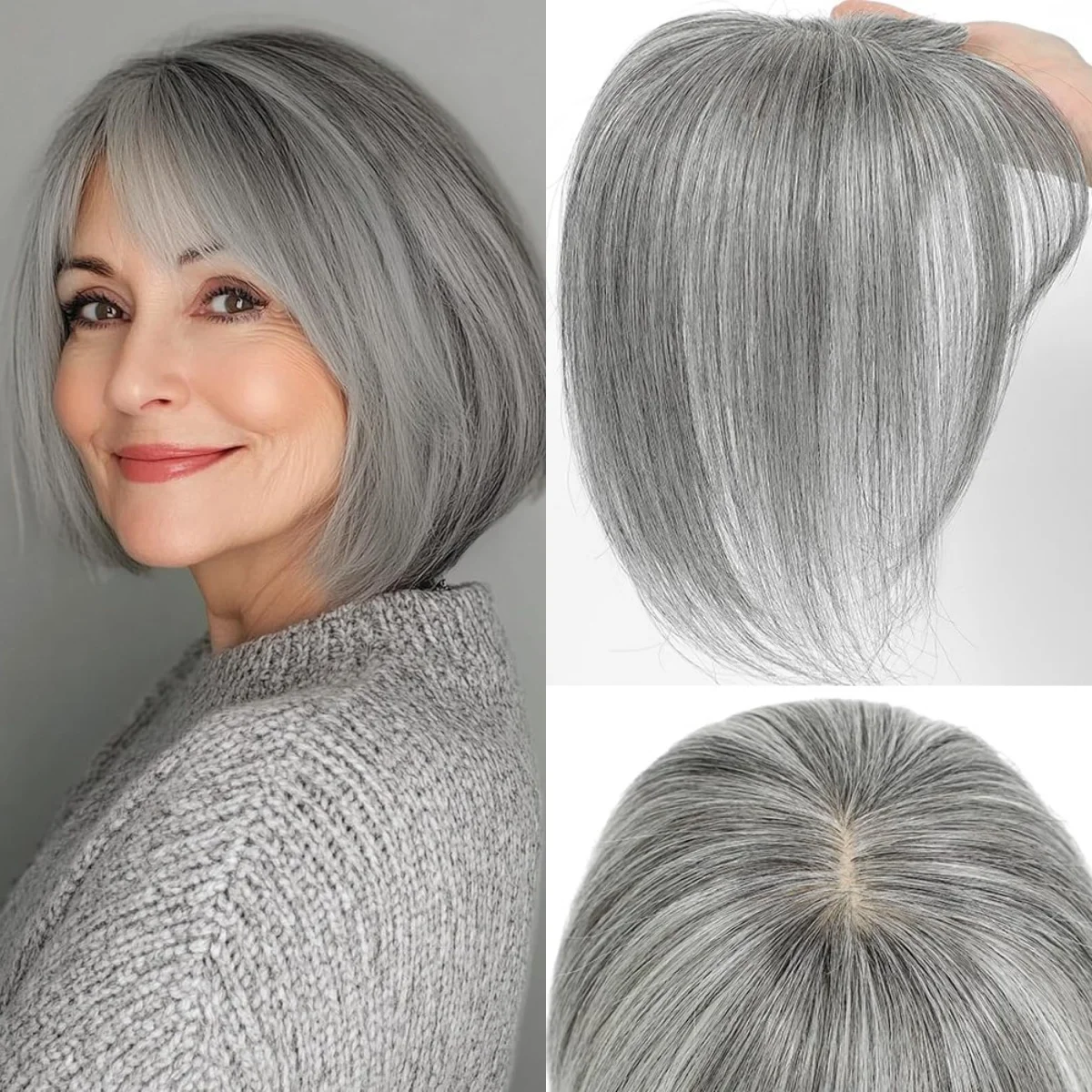 Toppers di veri capelli umani per donne Quotidiano 360 °   Frangia Pezzi di capelli 3D con frangia per capelli diradati20, 25, 30, 35 cm