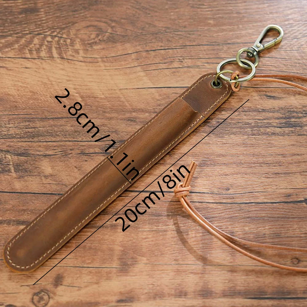Vintage Leather Pencilcase Pen Pouch Case Protector Sleeves with Keychain & Detachable Neck Strap