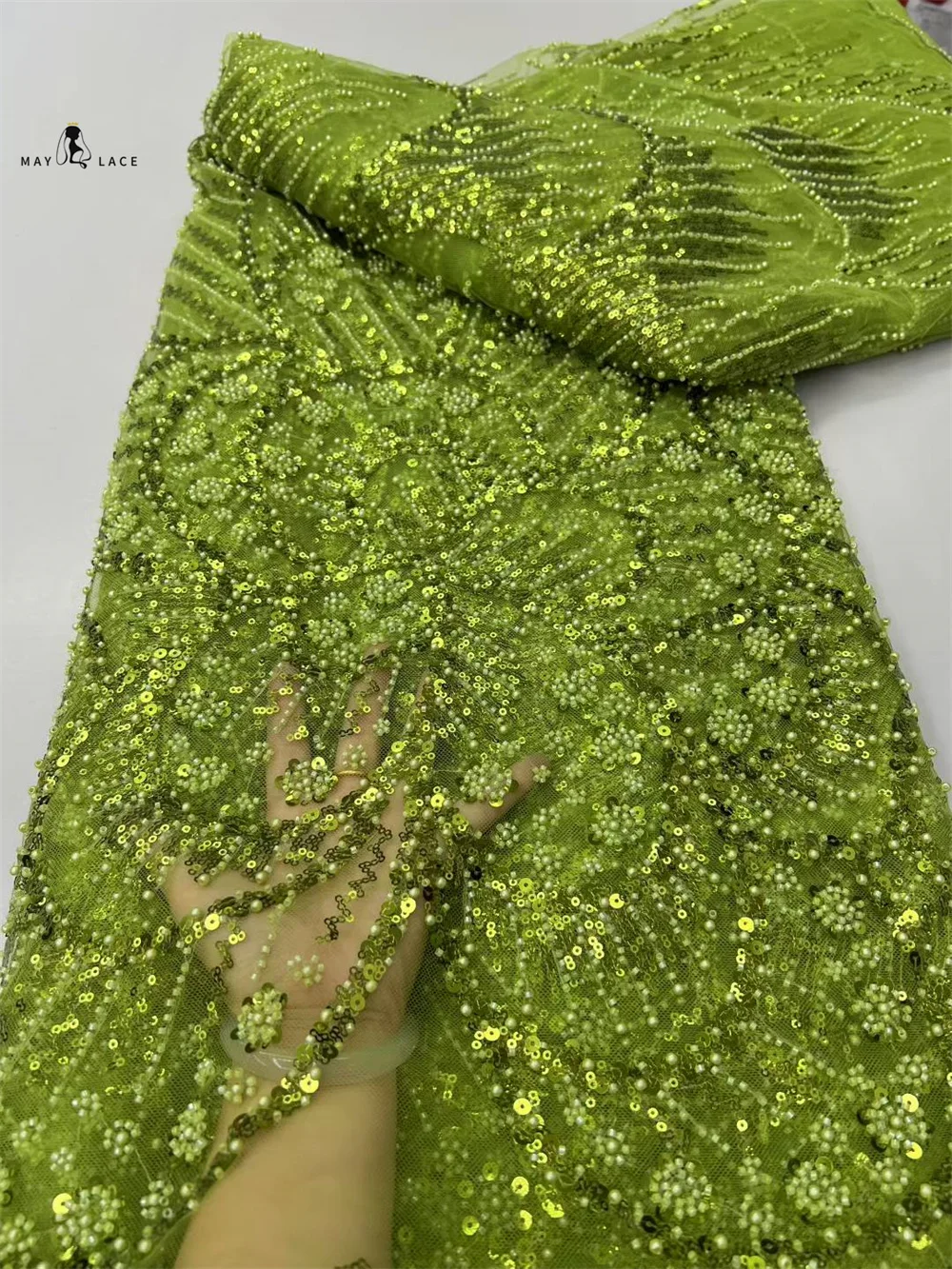 

Green African Beaded Lace Fabric 2025 French Net Sequins Fabric Sewing Embroidery Nigeria Lace Fabric For Dresses Party 5 Yards