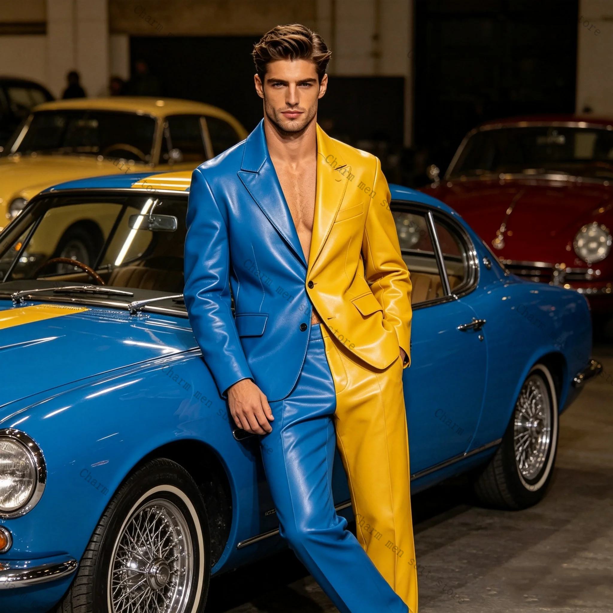 

Yellow Blue Leather Designer Men Suits Set 2 Pcs Blazer+Pants Trousers Wedding Tuxedo Formal Office Business Groom Jacket Coat