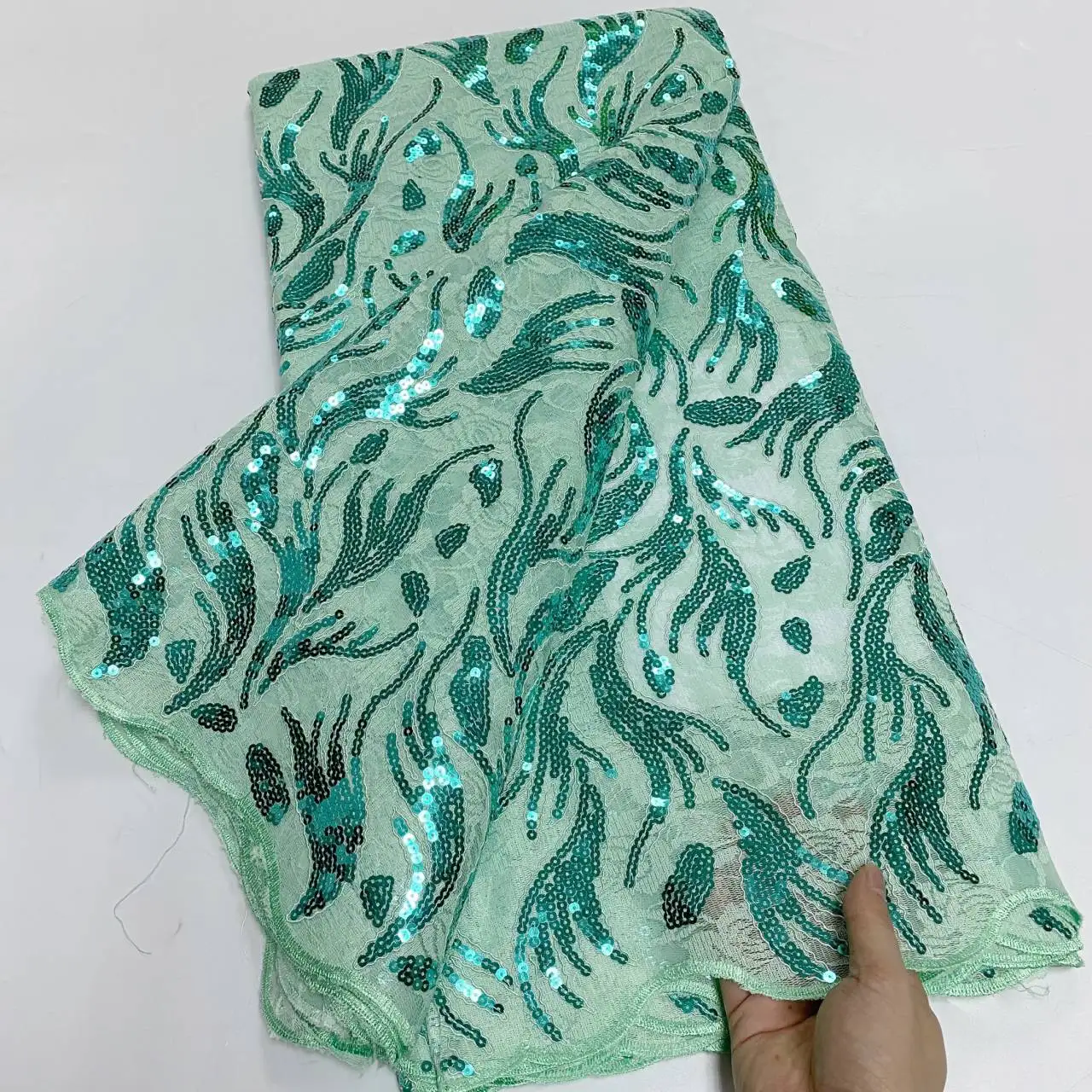 

BE FINE OK6039 Sequins Net Lace Green African Sequence Lace Fabric with Sequins High Quality Nigerian French Mesh Net Lace