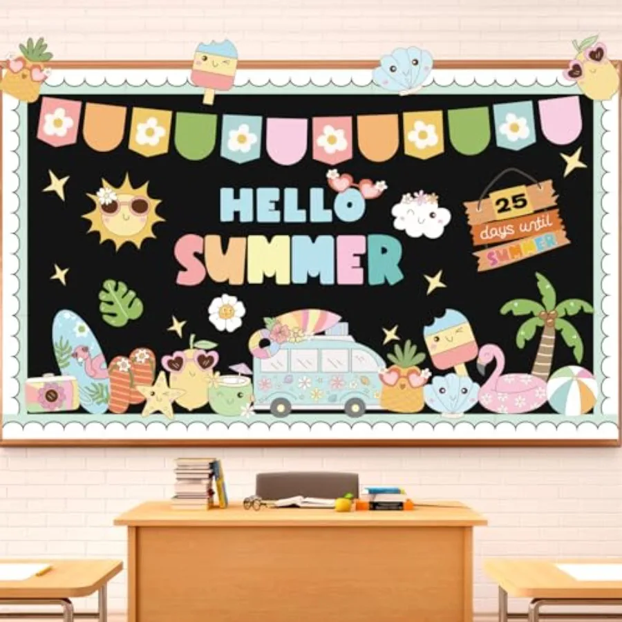 

Set Countdown to Summer Bulletin Board End of Year Classroom Decor Tropical Hawaiian Beach Paper Cutouts with Blue Border for H