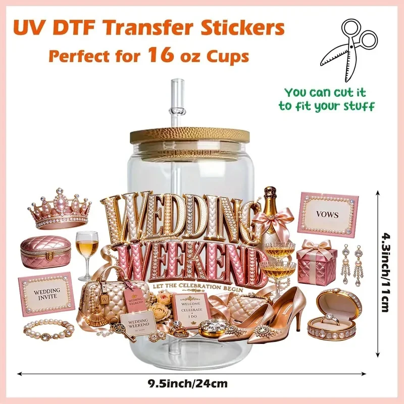 Bride Ear Wedding Day 16oz Rub On UV DTF Transfer Sticker Waterproof DIY Decals 3D Transfers UVDTF Sticker 16oz UV DTF Cup Wraps