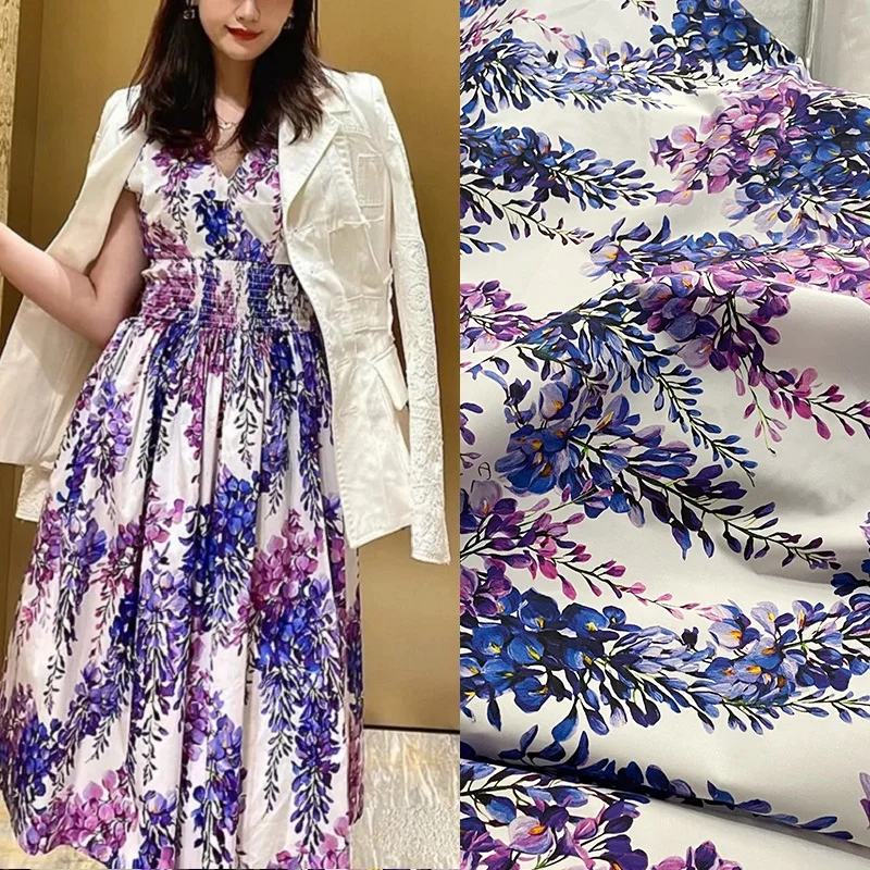 Natural Cotton Poplin Fabric High quality Purple Flower Vine Printed Chiffon Stain DIY Sew Polyester Twill Fabric Cloth Material