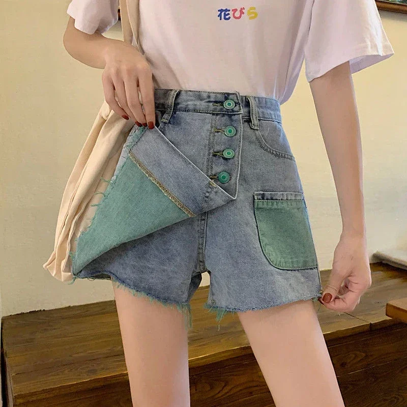 Wide-Leg Vaqueros Cortos Fashion Design Baggy Denim Skorts Women Single-Breasted Summer Cowboy Pantskirt High Waist Short Jeans