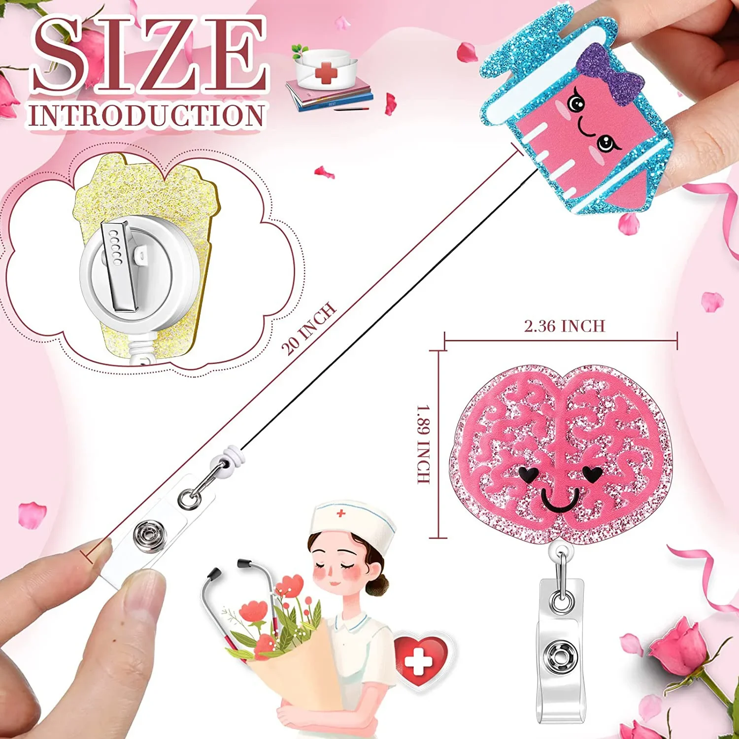 Hot Sales 1 Piece Retractable Glitter Acrylic Retractable Nurse Badge Holder Anime Brain Pill Bottle ID Card Holder Keys Lanyard