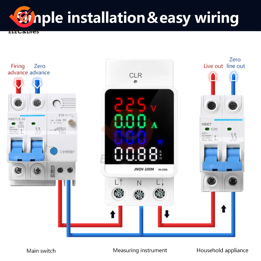 4 IN 1 Din Rail AC Monitor 110V 220V 100A Voltage Current Power Factor Active KWH Electric Energy Frequency Meter VOLT AMP