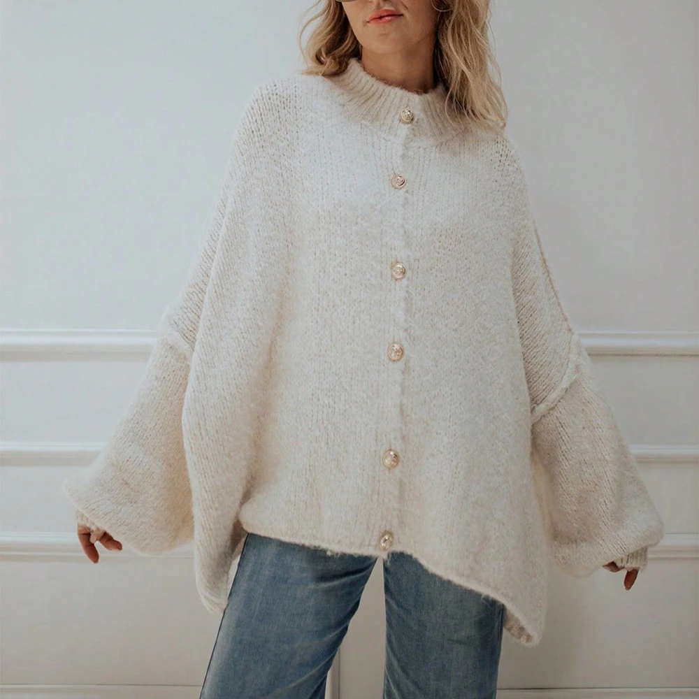 

Women's French Fashion Cardigan Sweater round Neck Versatile Loose Fit Metal Button Detail European And American Style