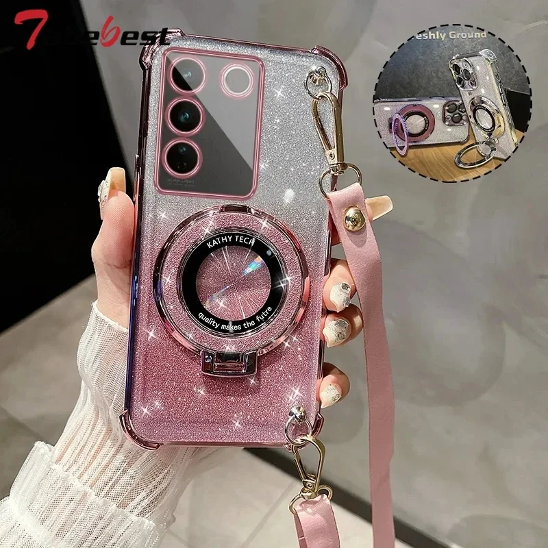 크로스 바디 끈 충격 방지 반짝이 도금 Magsafe 홀더 케이스 삼성 갤럭시 A16 A06 A15 A25 A35 A55 A14 A24 A34 A54 5G