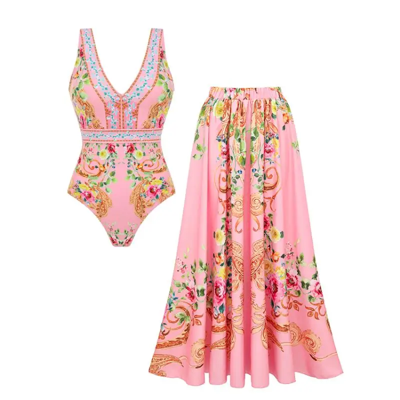 Flaxmaker Women 2026 Summer Pink Floral Paradise Print V-neck One Piece Swimsuit and Skirt Beachwear Biquini conjunto de