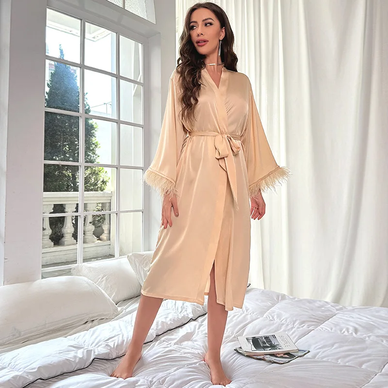 Female 4PCS Pajamas Set Luxurious Bride Wdding Robe with Feather Long Bathrobe Gown Spring Summer Loose Satin Nightgown Homewear