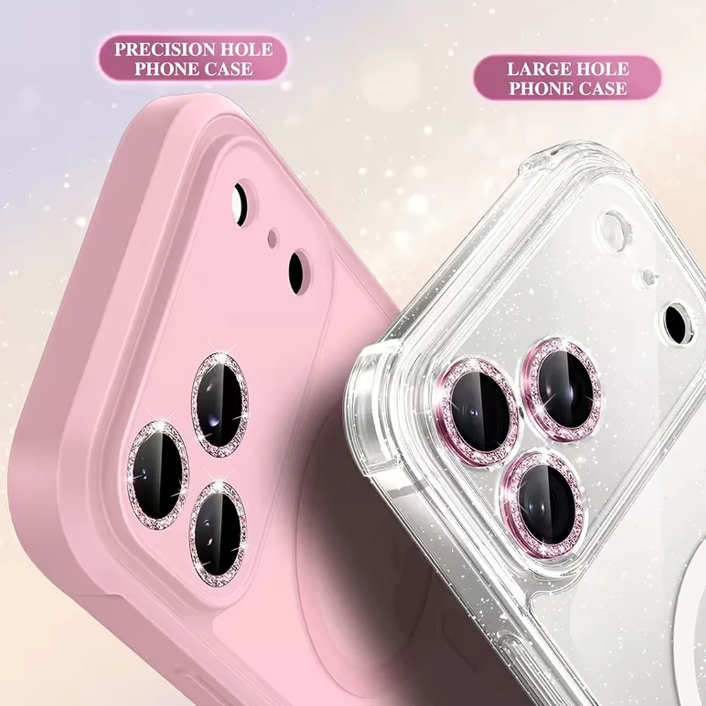 6 films de protection d'objectif HD à paillettes et couvercles d'objectif compatibles avec les coques de téléphone Apple séries 17, 16, 15, 14, 13, 12, 11, Mini et Plus